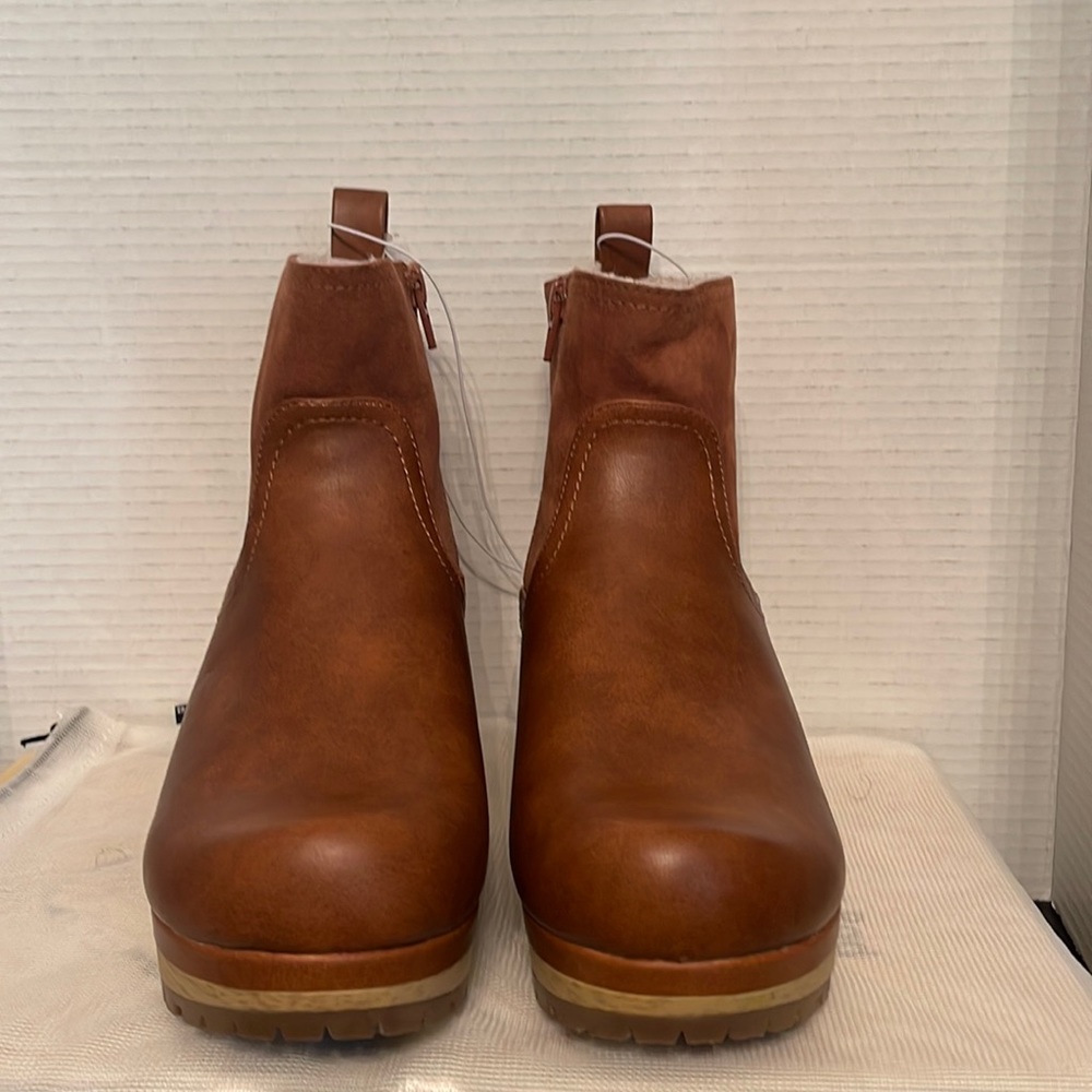 New Camel ankle boots with wool lining and wooden heel.